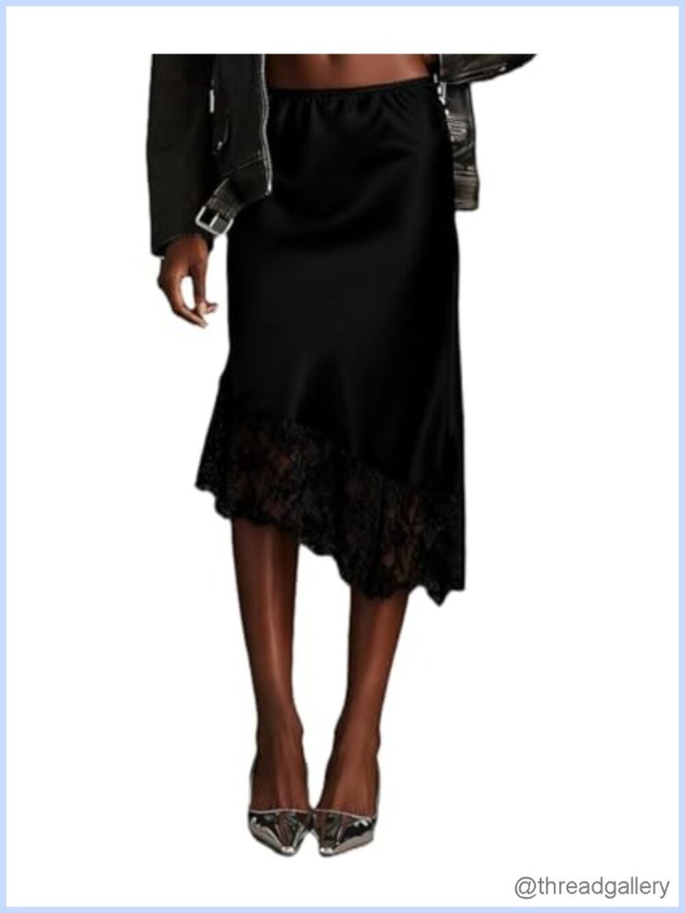 Satin Asymmetrical Midi Skirt Lace Trim Elastic High Waist Slip Skirt